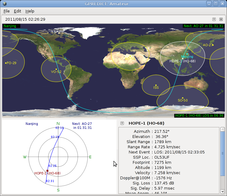 Linux下的卫星跟踪软件，HO-68正在经过南京上空